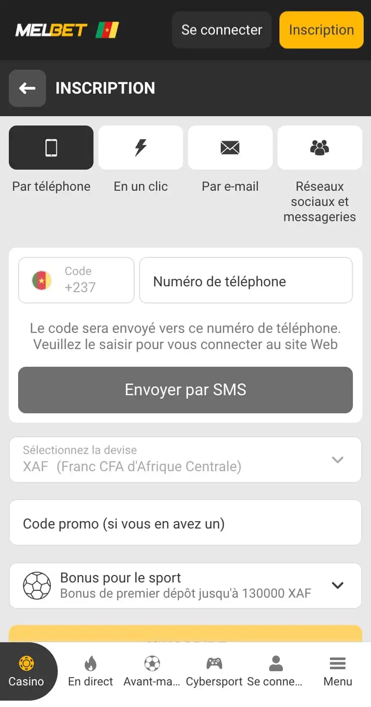 Inscription sur Melbet