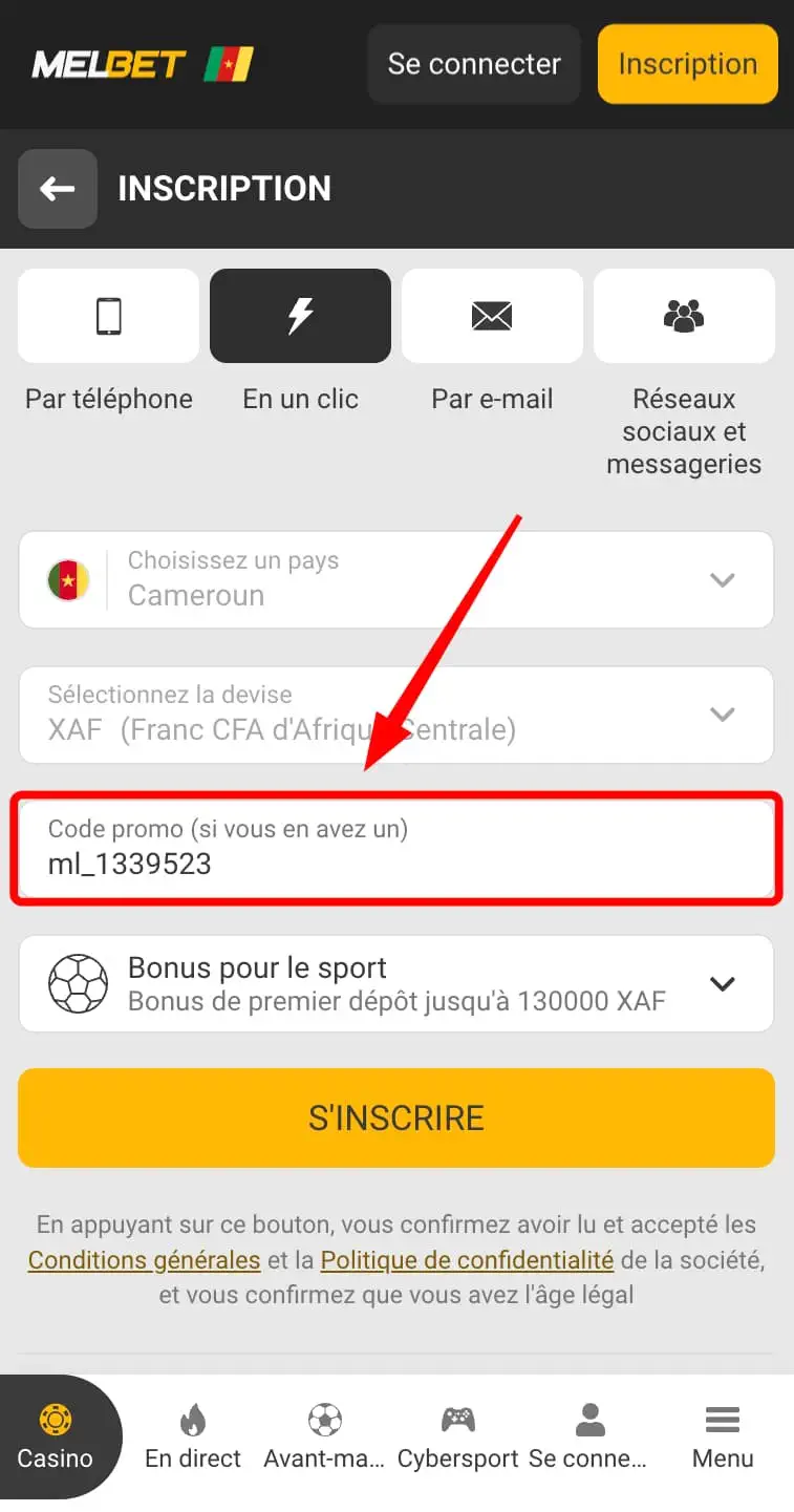 Inscription sur Melbet APK à l'aide d'un code promotionnel