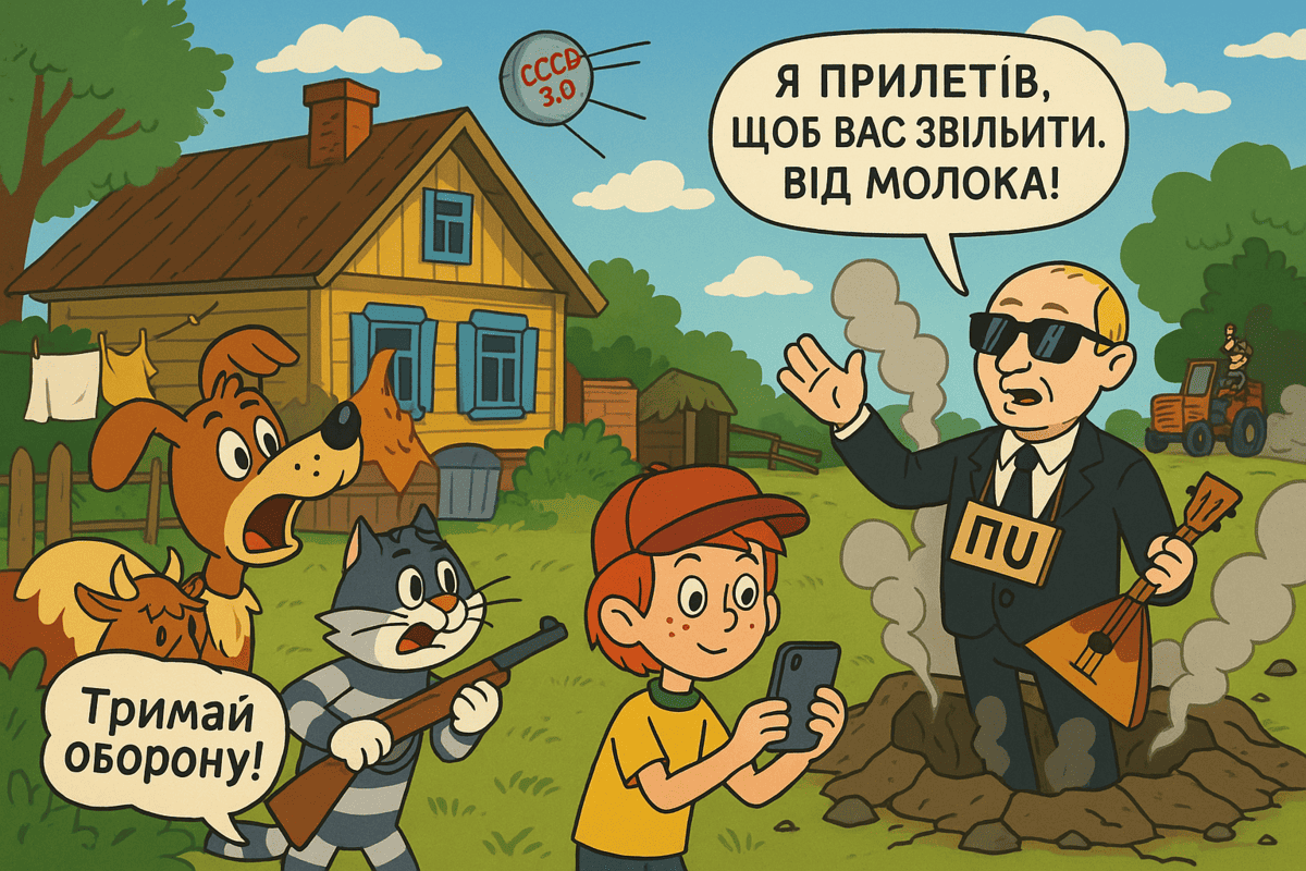 Тук-тук, кто там? Это путин в "Простоквашино" / Фото: ИИ Тук-тук, кто там? Это путин в "Простоквашино" - роспропаганда докатилась до мультиков