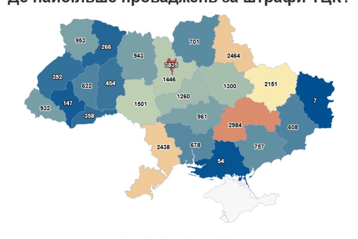Карта покарань: де в Україні найбільше штрафують за порушення військового обліку / Фото: Опендатабот Карта покарань: де в Україні найбільше штрафують за порушення військового обліку