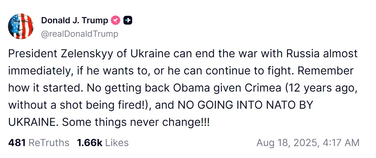 Трамп натякнув, що Зеленський може закінчити війну, якщо відмовиться від Криму та НАТО/Фото: Truth Social