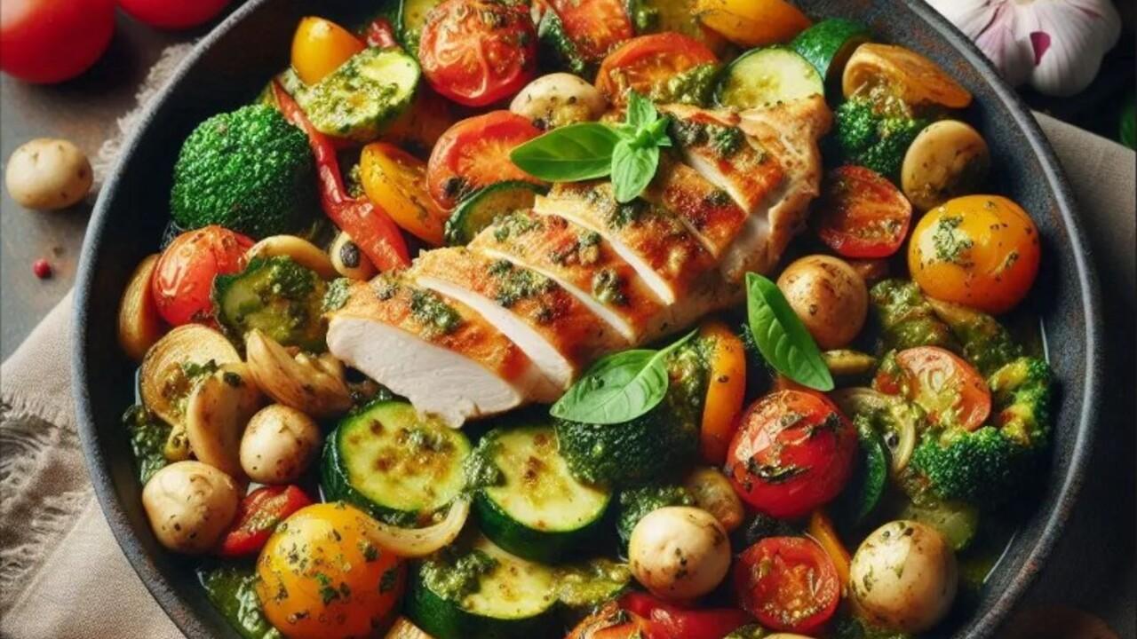 Блюдо сочетает свежие сезонные овощи с нежным куриным мясом и ароматным соусом