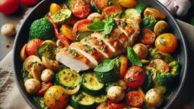 Блюдо сочетает свежие сезонные овощи с нежным куриным мясом и ароматным соусом