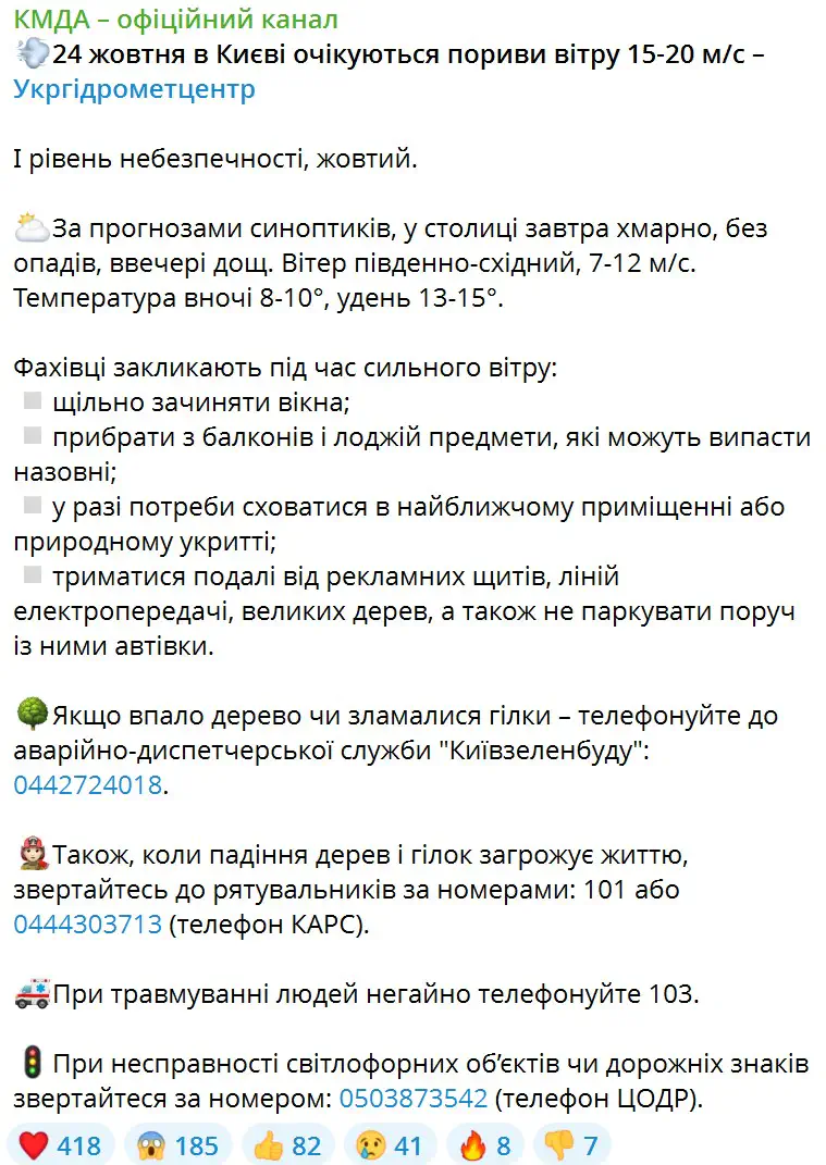 24 жовтня в Києві очікуються пориви вітру 15-20 м/с – Укргідрометцентр