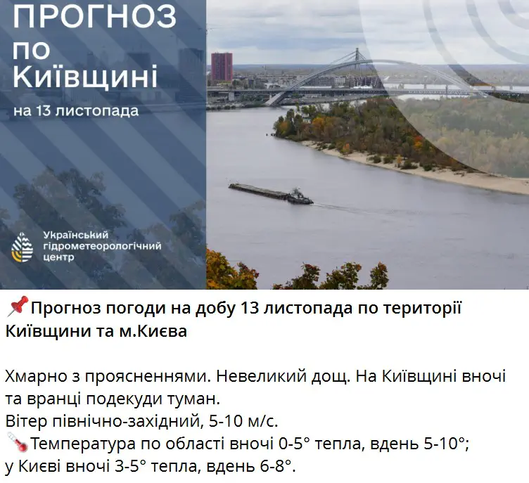 Прогноз погоди на добу 13 листопада по території Київщини та м.Києва 