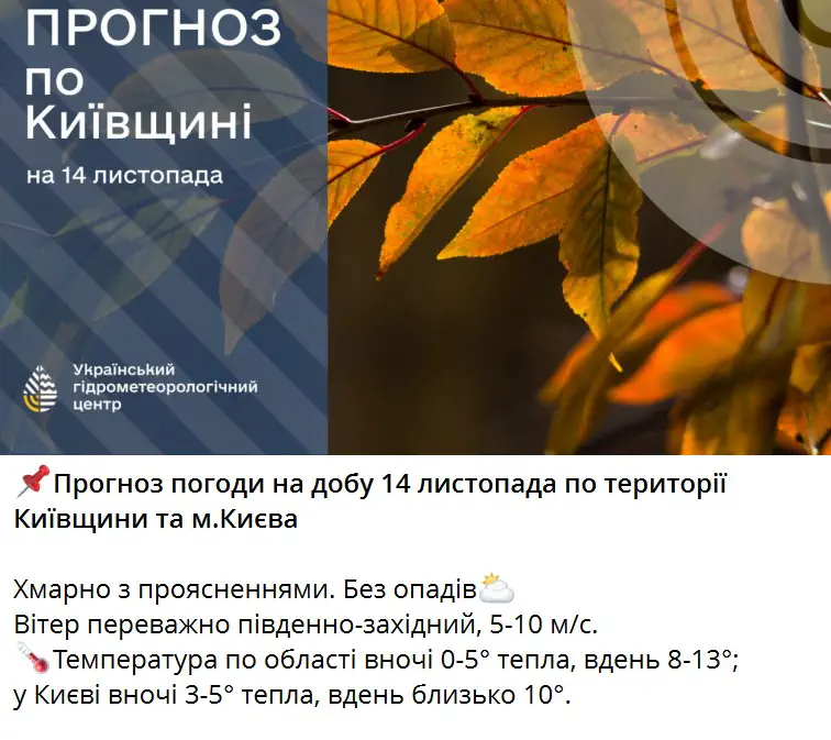 Прогноз погоди на добу 14 листопада по території Київщини та м.Києва 
