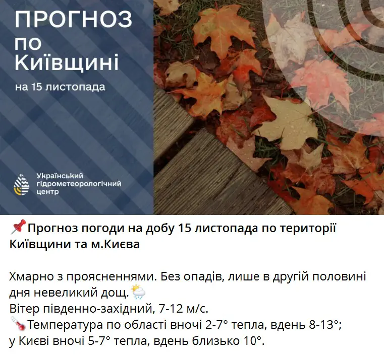 Прогноз погоди на добу 15 листопада по території Київщини та м.Києва 