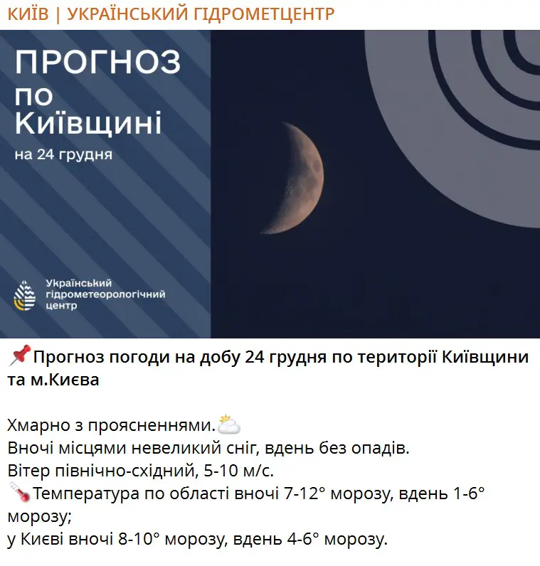 Прогноз погоди на добу 24 грудня по території Київщини та м.Києва 