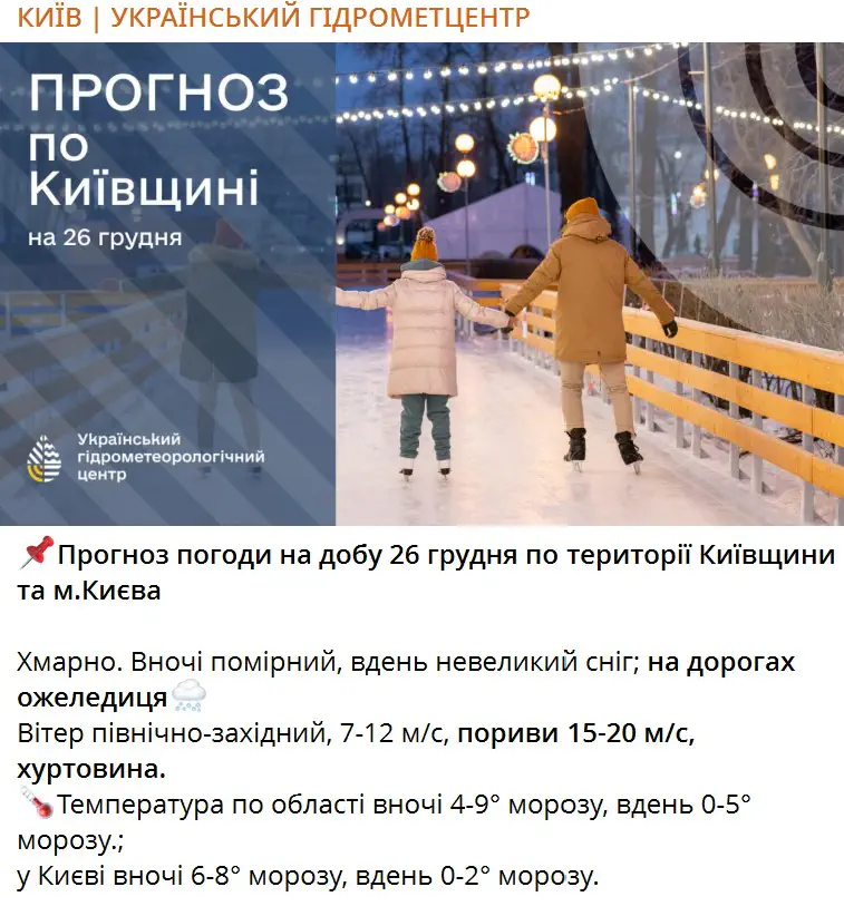 Прогноз погоди на добу 26 грудня по території Київщини та м.Києва