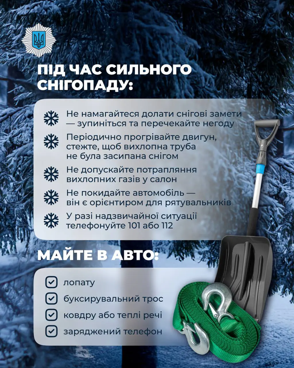 Якщо сильний снігопад застав вас за кермом, головне — не панікувати та дотримуватися правил безпеки