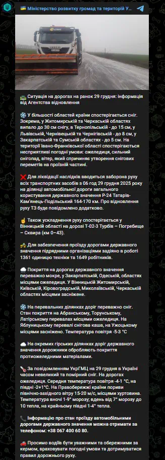 Ситуація на дорогах на ранок 29 грудня: інформація від Агентства відновлення 