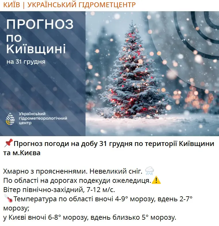 Прогноз погоди на добу 31 грудня по території Київщини та м.Києва