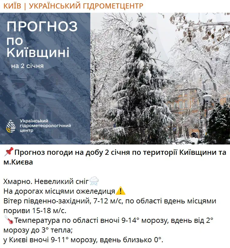 Прогноз погоди на добу 2 січня по території Київщини та м.Києва 