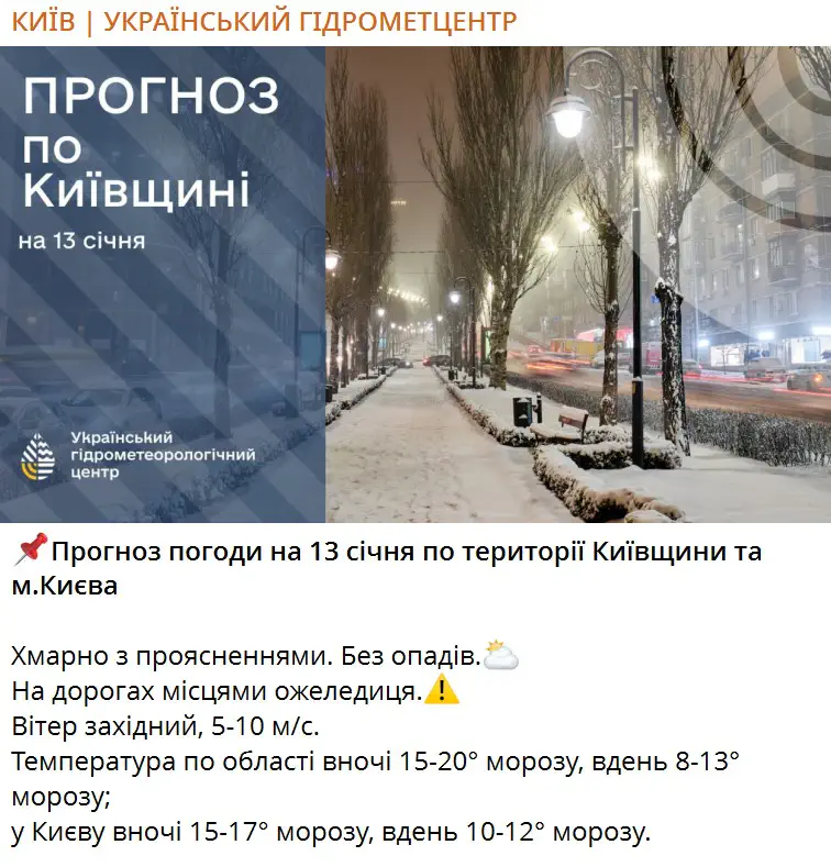Прогноз погоди на 13 січня по території Київщини та м.Києва