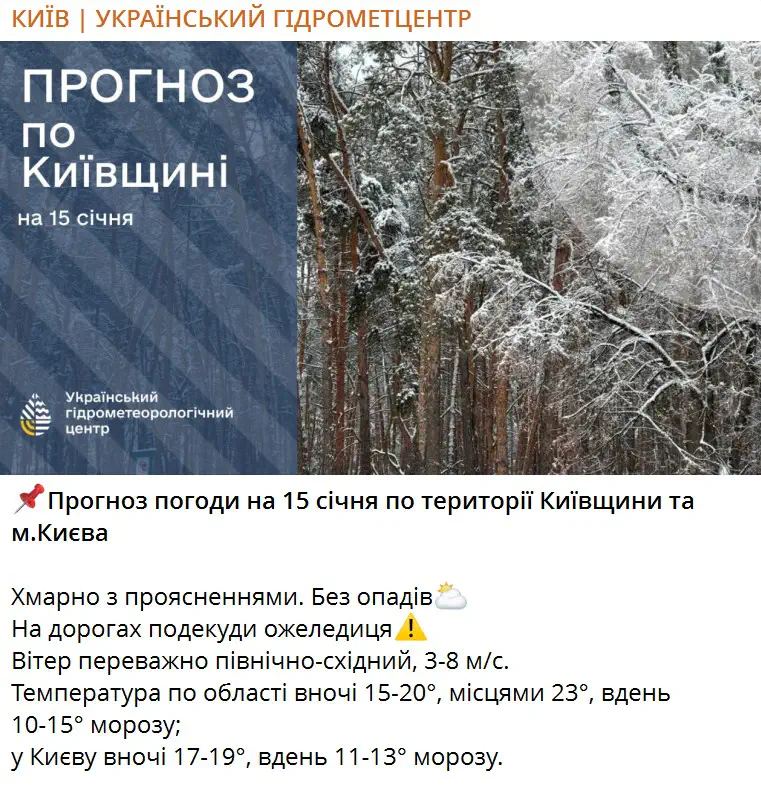 Прогноз погоди на 15 січня по території Київщини та м.Києва