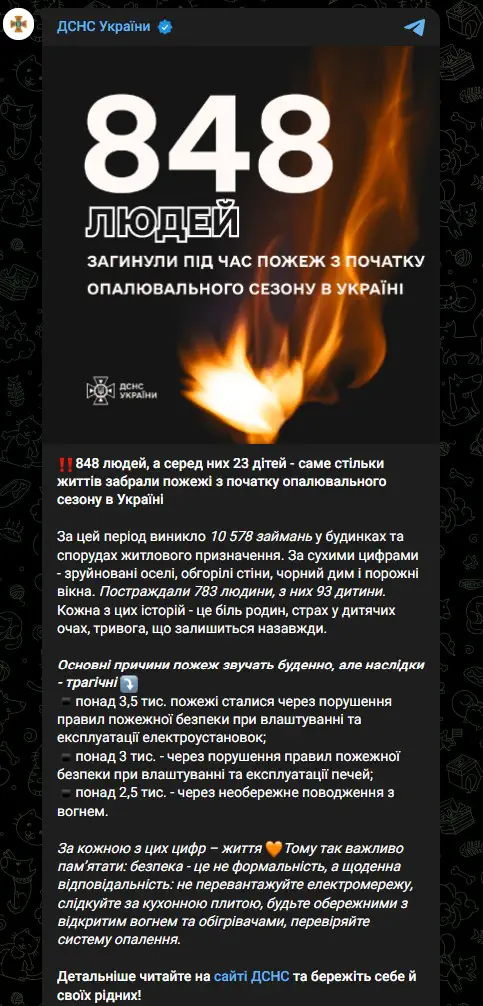 848 людей, а серед них 23 дітей - саме стільки життів забрали пожежі з початку опалювального сезону в Україні