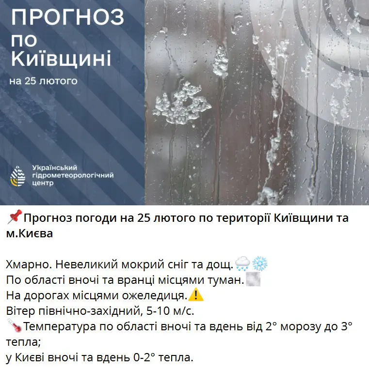 Прогноз погоди на 25 лютого по території Київщини та м.Києва
