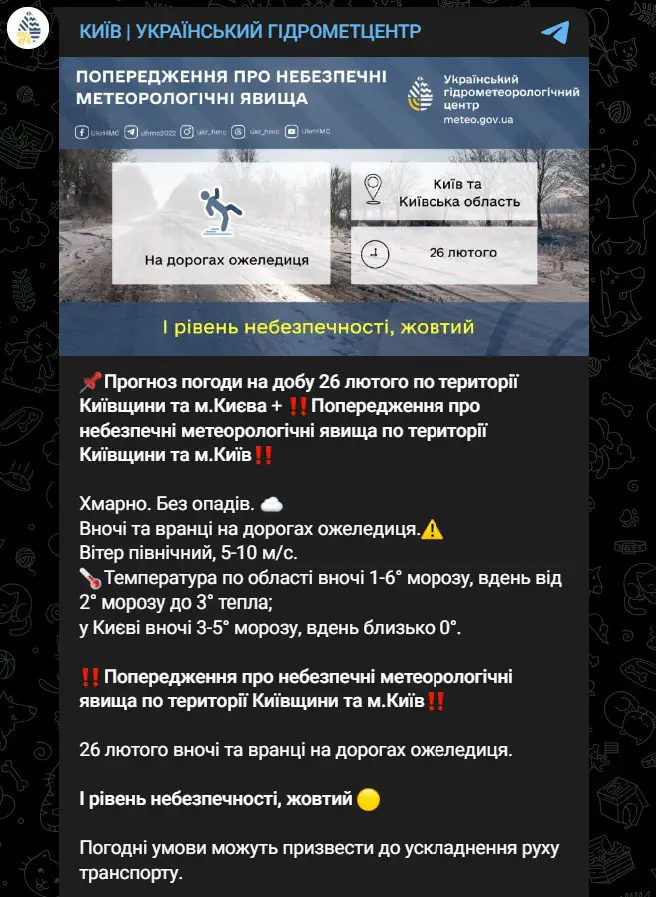 Прогноз погоди на добу 26 лютого по території Київщини та м.Києва. Попередження про небезпечні метеорологічні явища