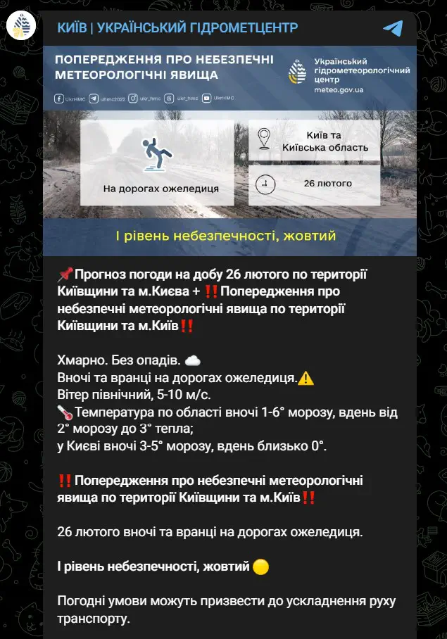 Прогноз погоди на добу 26 лютого по території Київщини та м.Києва. Попередження про небезпечні метеорологічні явища