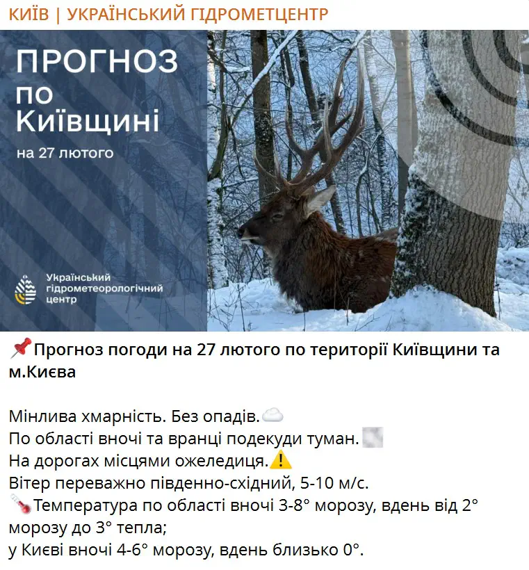 Прогноз погоди на 27 лютого по території Київщини та м.Києва