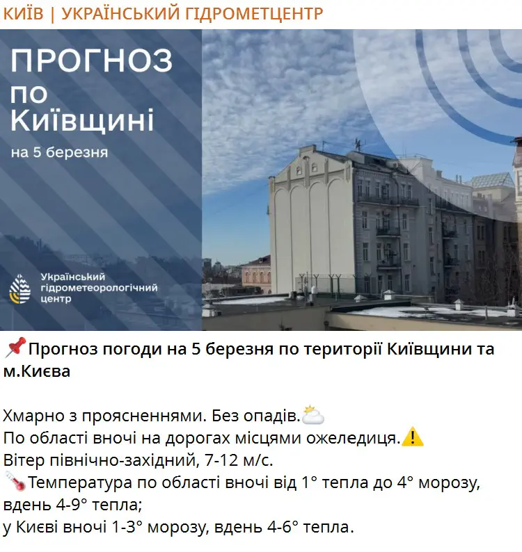 Прогноз погоди на 5 березня по території Київщини та м.Києва