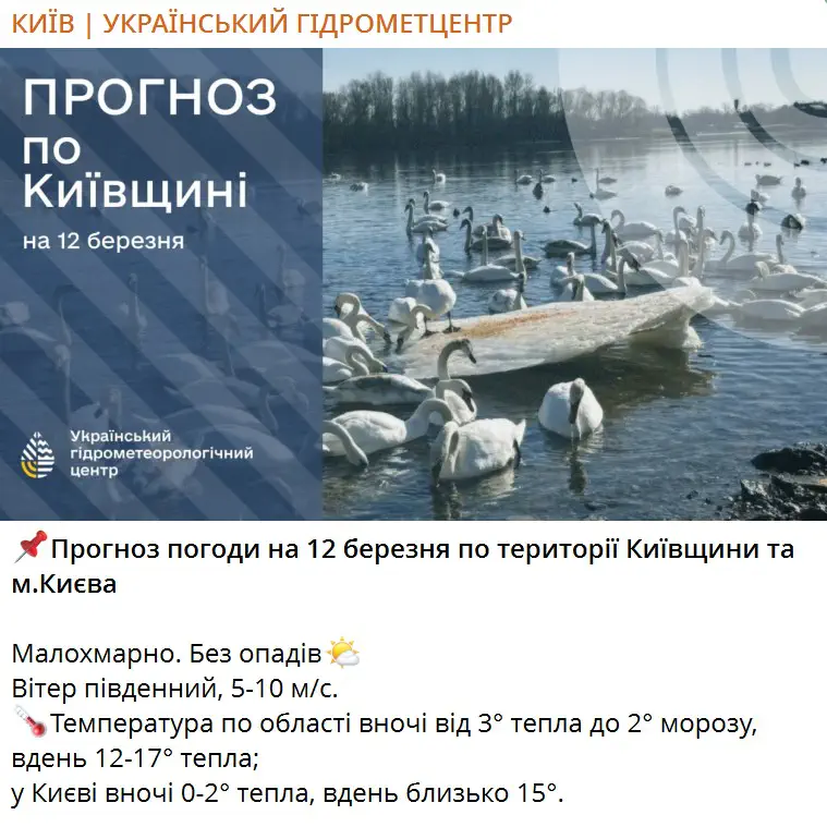 Прогноз погоди на 12 березня по території Київщини та м.Києва