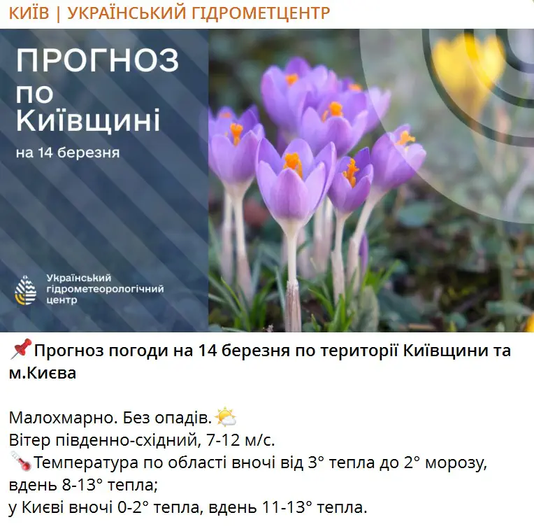 Прогноз погоди на 14 березня по території Київщини та м.Києва