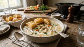 Сливочный куриный суп-пюре с слоеными гренками: идея уютного ужина