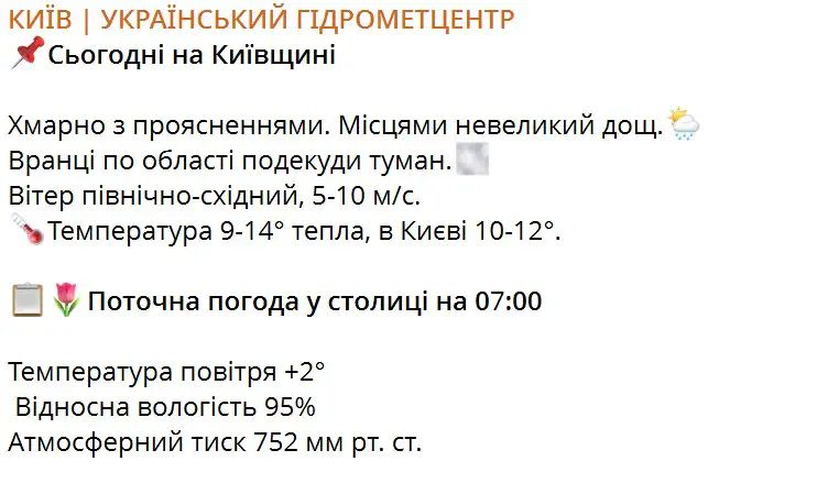 Сегодня в Киевской области Облачно с прояснениями. Местами небольшой дождь