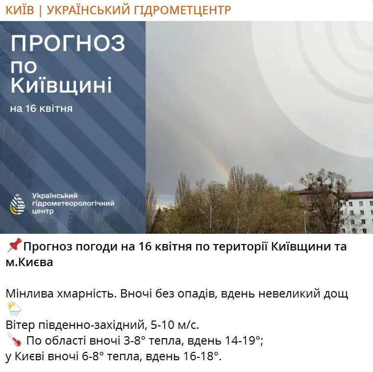 Прогноз погоди на 16 квітня по території Київщини та м.Києва