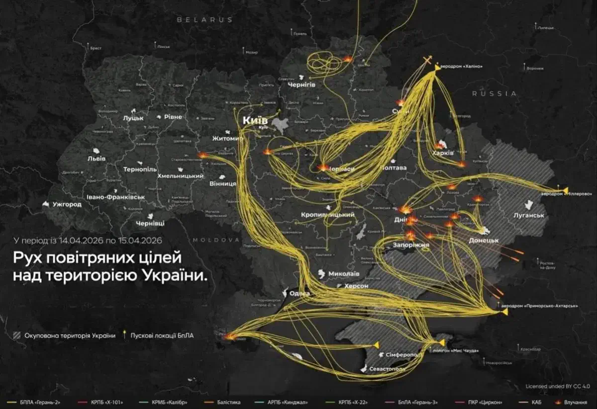 Моніторингові пабліки публікують маршрут ракет і БпЛА під час нової атаки РФ по Україні