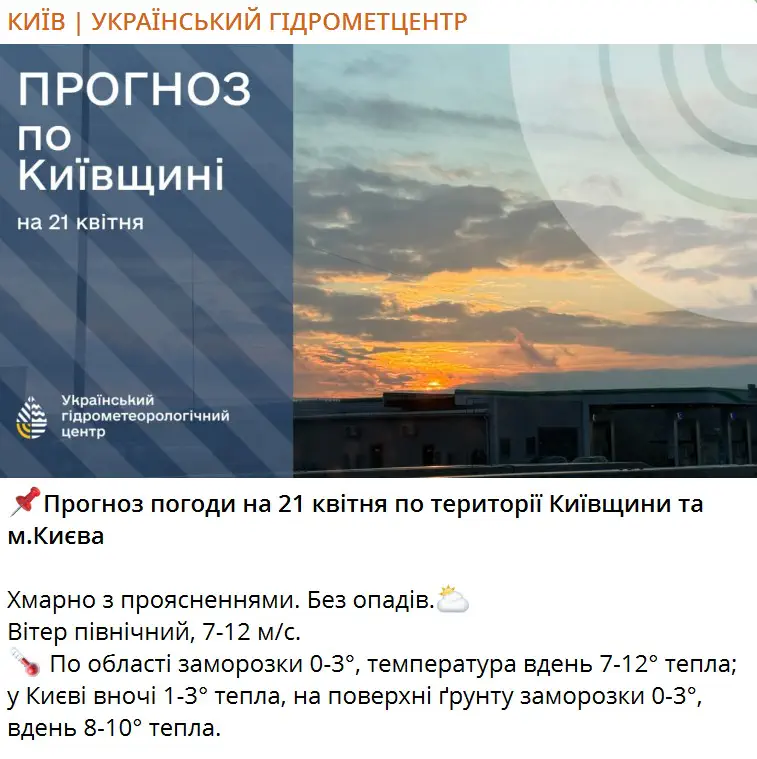 Прогноз погоди на 21 квітня по території Київщини та м.Києва