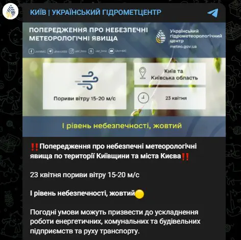 Предупреждение об опасных метеорологических явлениях по территории Киевской области и города Киева