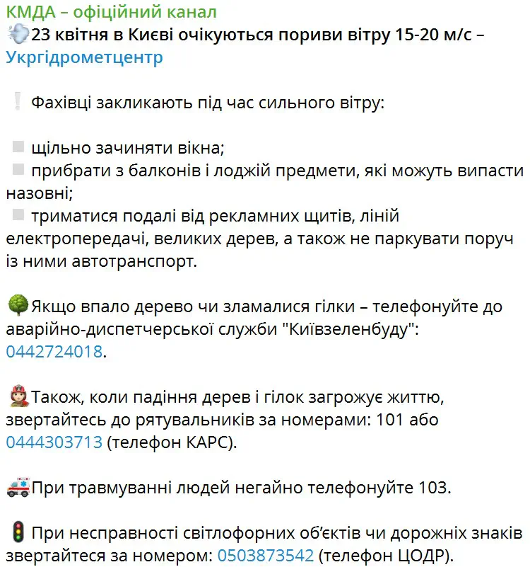 23 апреля в Киеве ожидаются порывы ветра 15-20 м/с