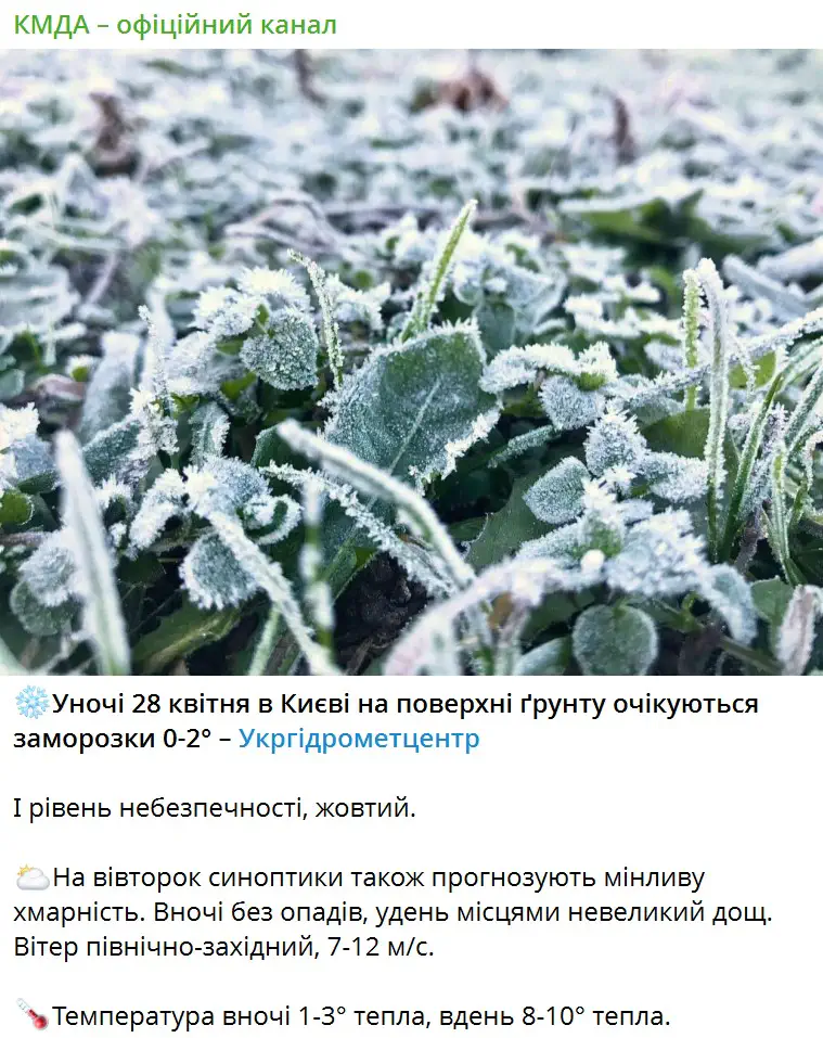 Ночью 28 апреля в Киеве на поверхности почвы ожидаются заморозки 0-2°