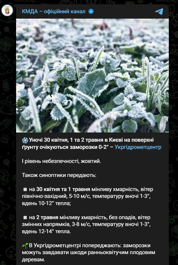 Уночі 30 квітня, 1 та 2 травня в Києві на поверхні ґрунту очікуються заморозки 0-2°