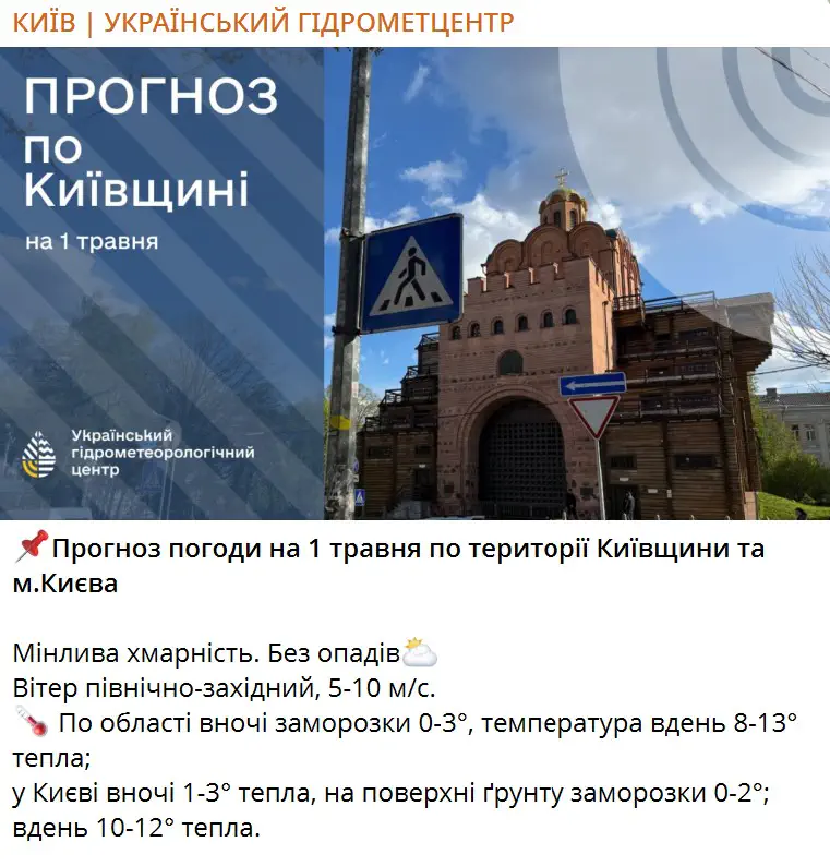 Прогноз погоди на 1 травня по території Київщини та м.Києва