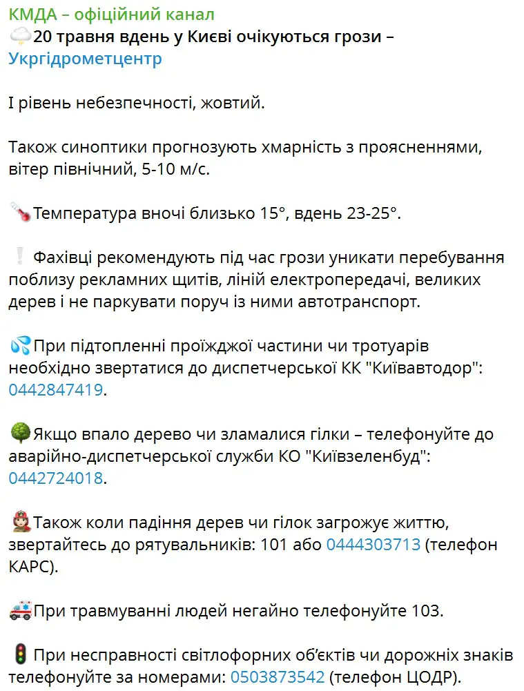 20 травня вдень у Києві очікуються грози
