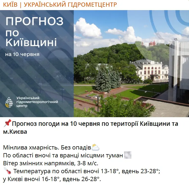 Прогноз погоды на 10 июня по территории Киевщины и г. Киева