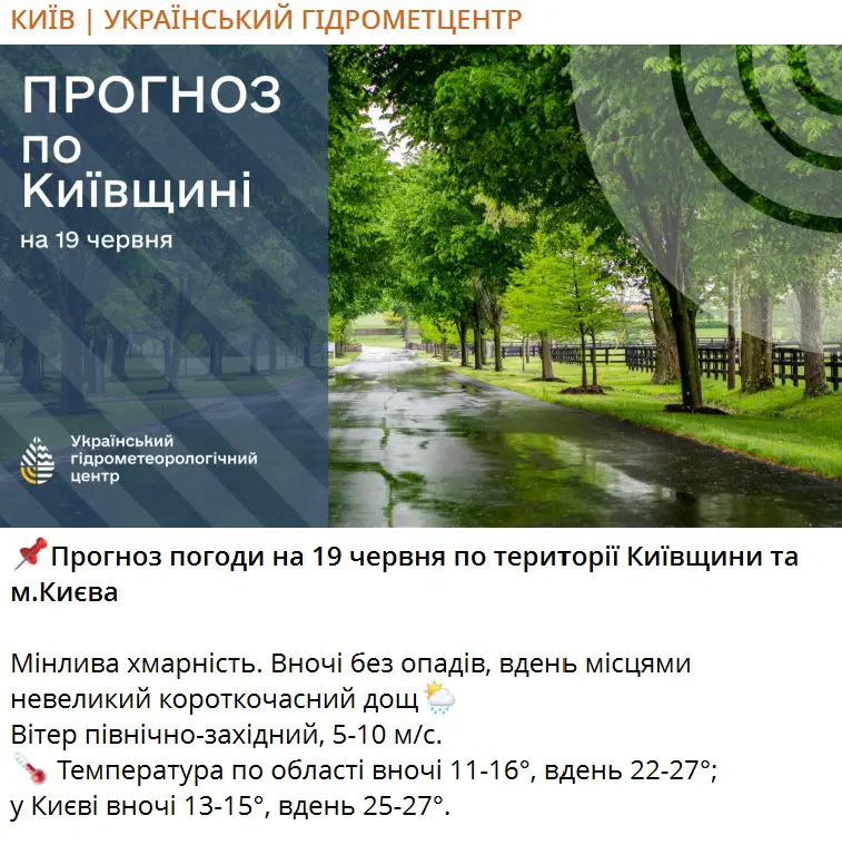 Прогноз погоди на 19 червня по території Київщини та м.Києва