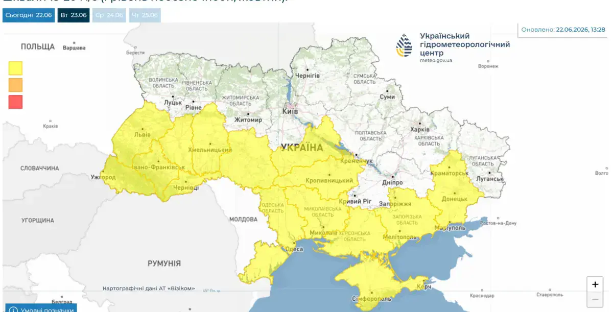 22 та 23 червня у південній частині, більшості західних та центральних областей грози, в окремих районах град та шквали 15-20 м/с (І рівень небезпечності, жовтий)