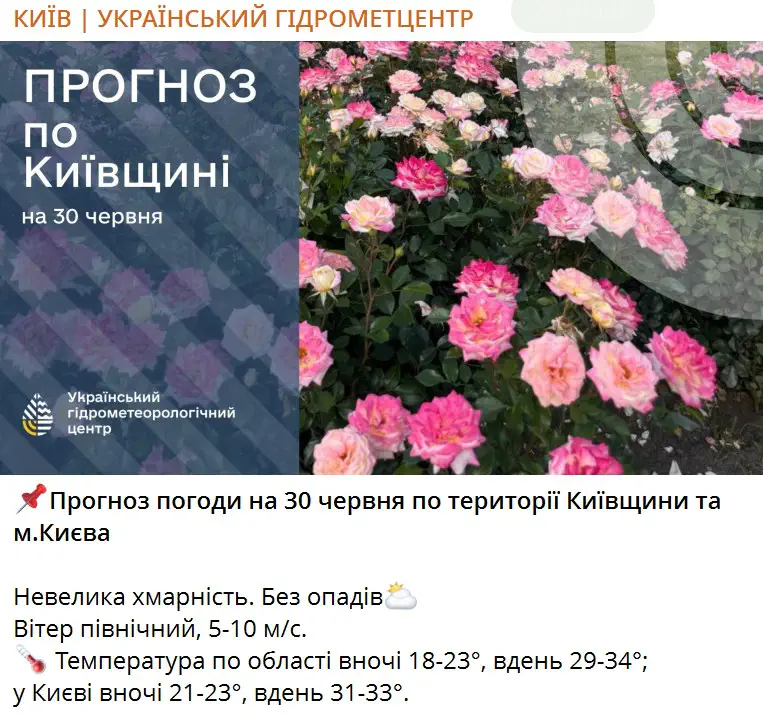 Прогноз погоди на 30 червня по території Київщини та м.Києва