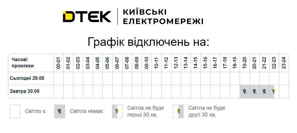 Предварительный график отключений света для Киева на 30 июня 2026 г.