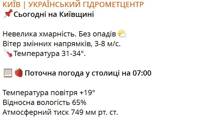 Прогноз погоды на 29 июня по территории Киевщины и г. Киева