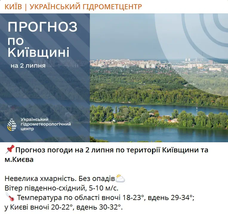 Прогноз погоды на 2 июля по территории Киевской области и г. Киева