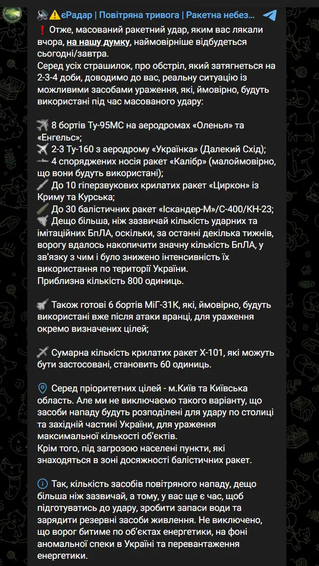 Массированный ракетный удар. Среди приоритетных целей — г.Киев и Киевская область