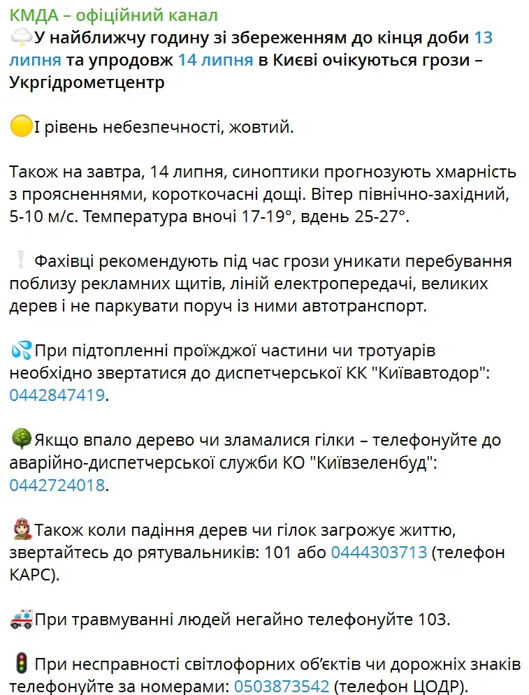 Прогноз погоди на добу 14 липня по території Київщини та м.Києва