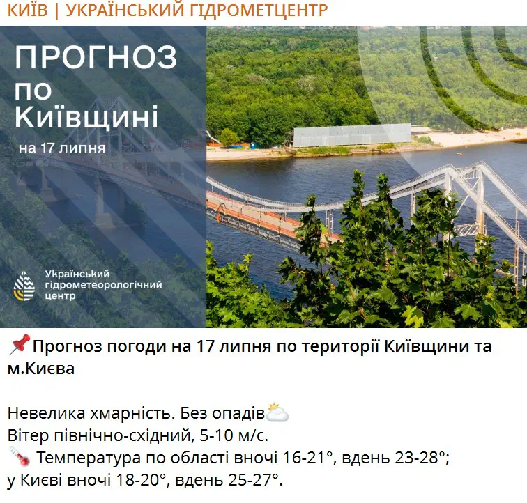 Прогноз погоди на 17 липня по території Київщини та м.Києва