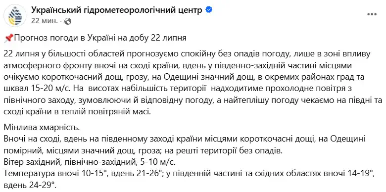 Прогноз погоди в Україні на добу 22 липня
