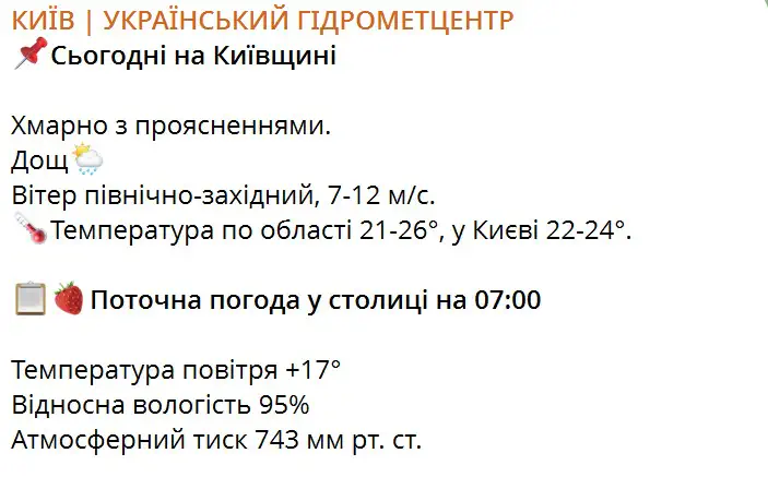 Прогноз погоди на 28 липня по території Київщини та м.Києва